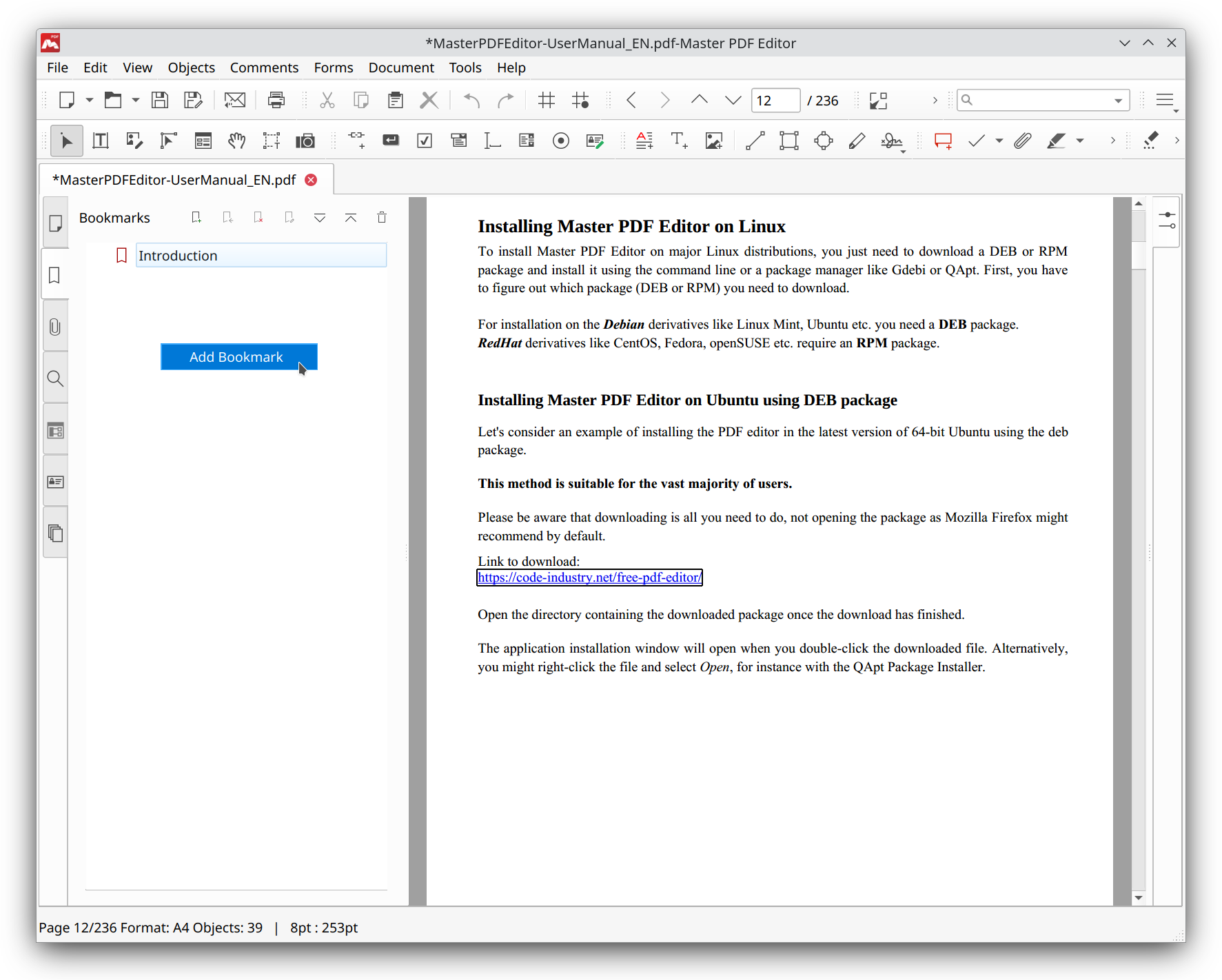 Adding a bookmark in Master PDF Editor