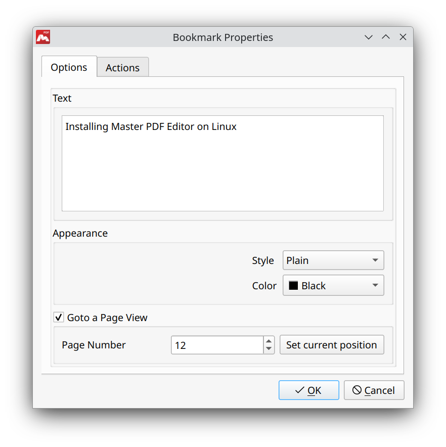 Bookmark properties in Master PDF Editor