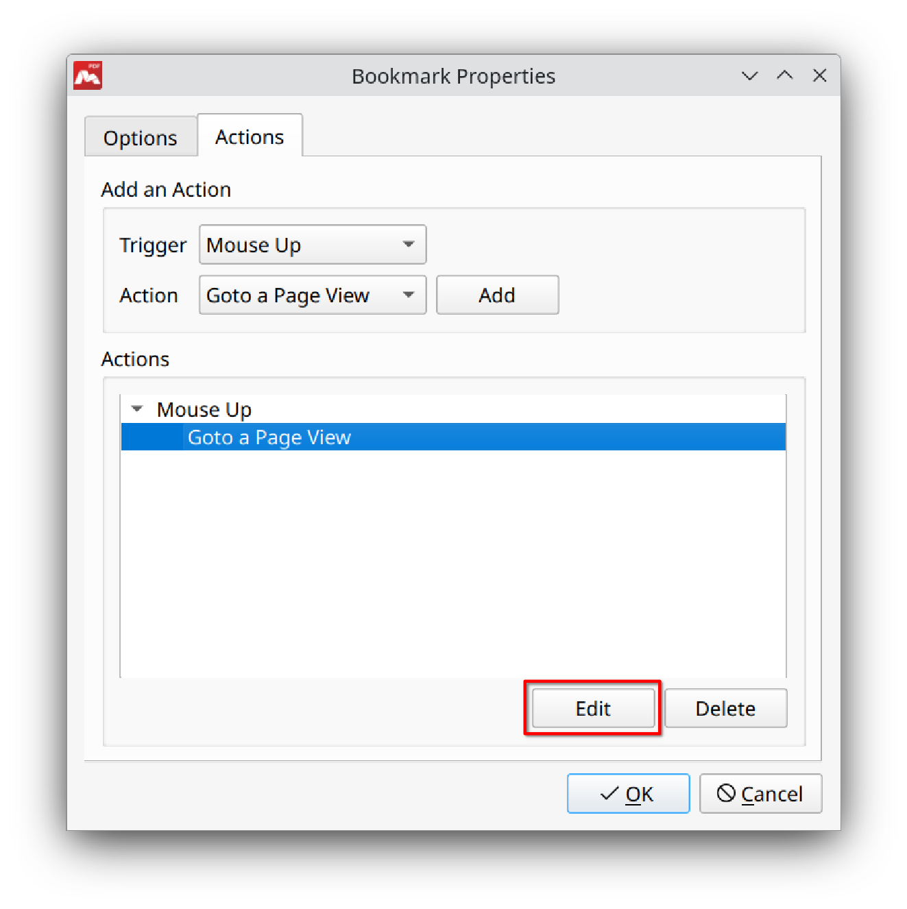 Editing bookmark actions in Master PDF Editor