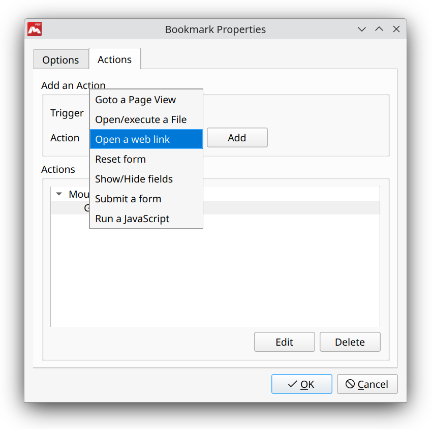 Adding a weblink for the bookmark in Master PDF Editor