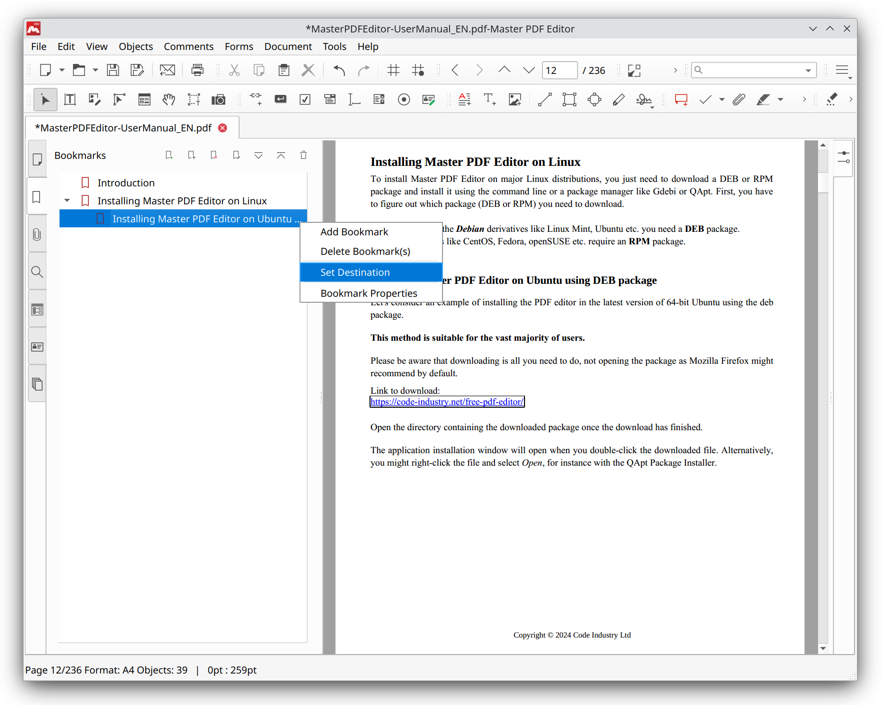 Setting bookmark destination in Master PDF Editor