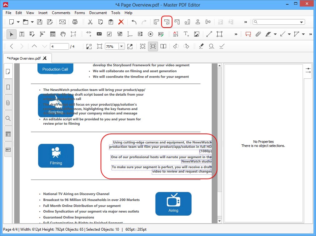 Align objects to the right from a toolbar in Master PDF Editor