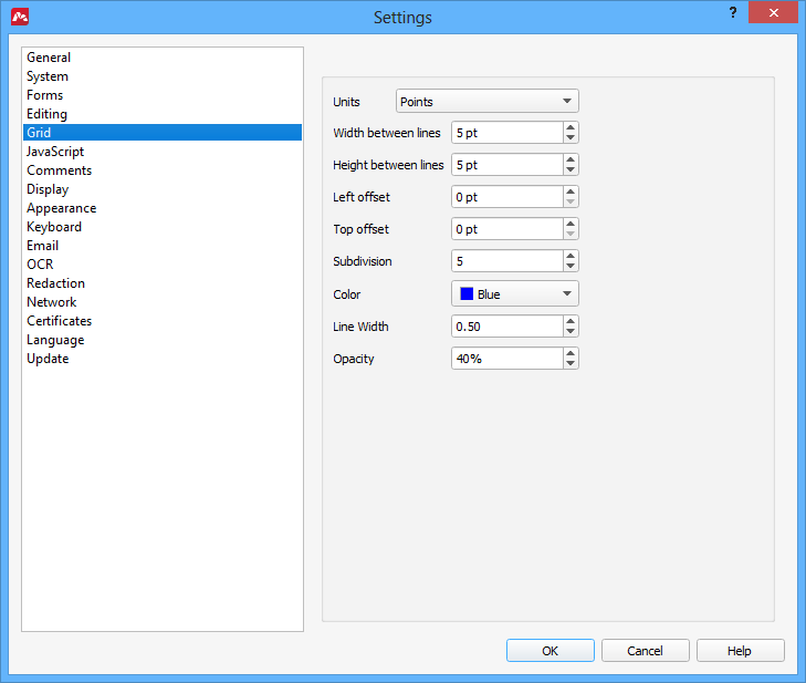Configure grid parameters in Master PDF Editor