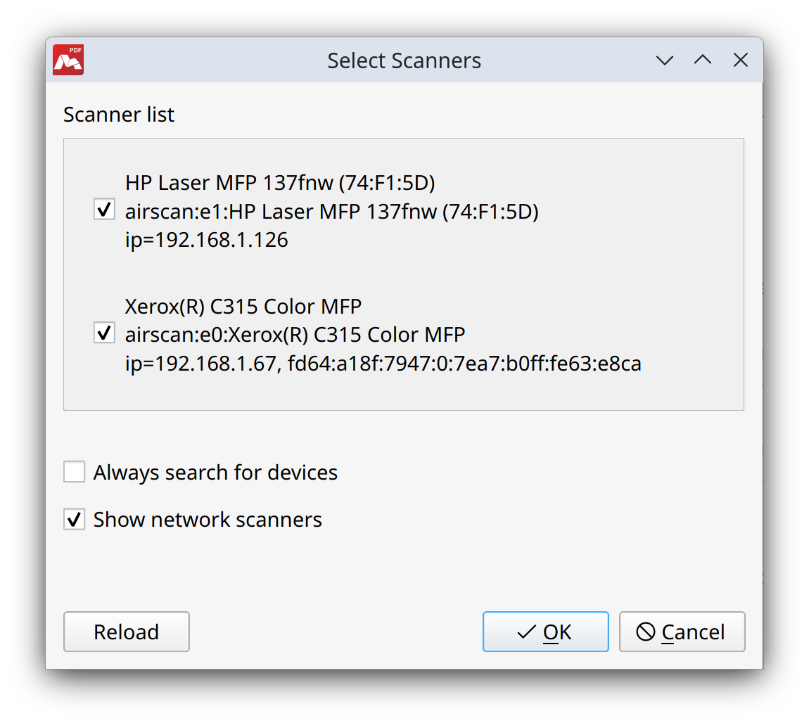 Select scanners in the Select Scanners window