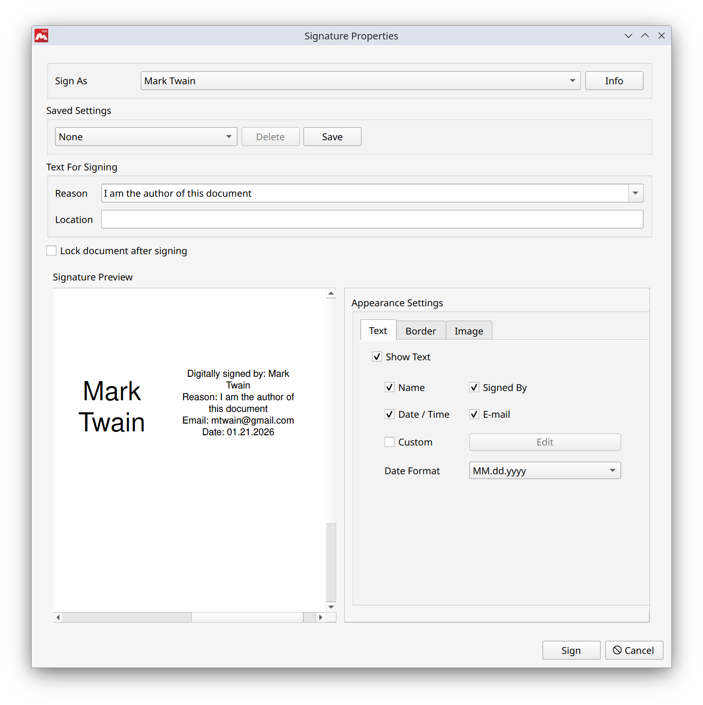 Signature properties window