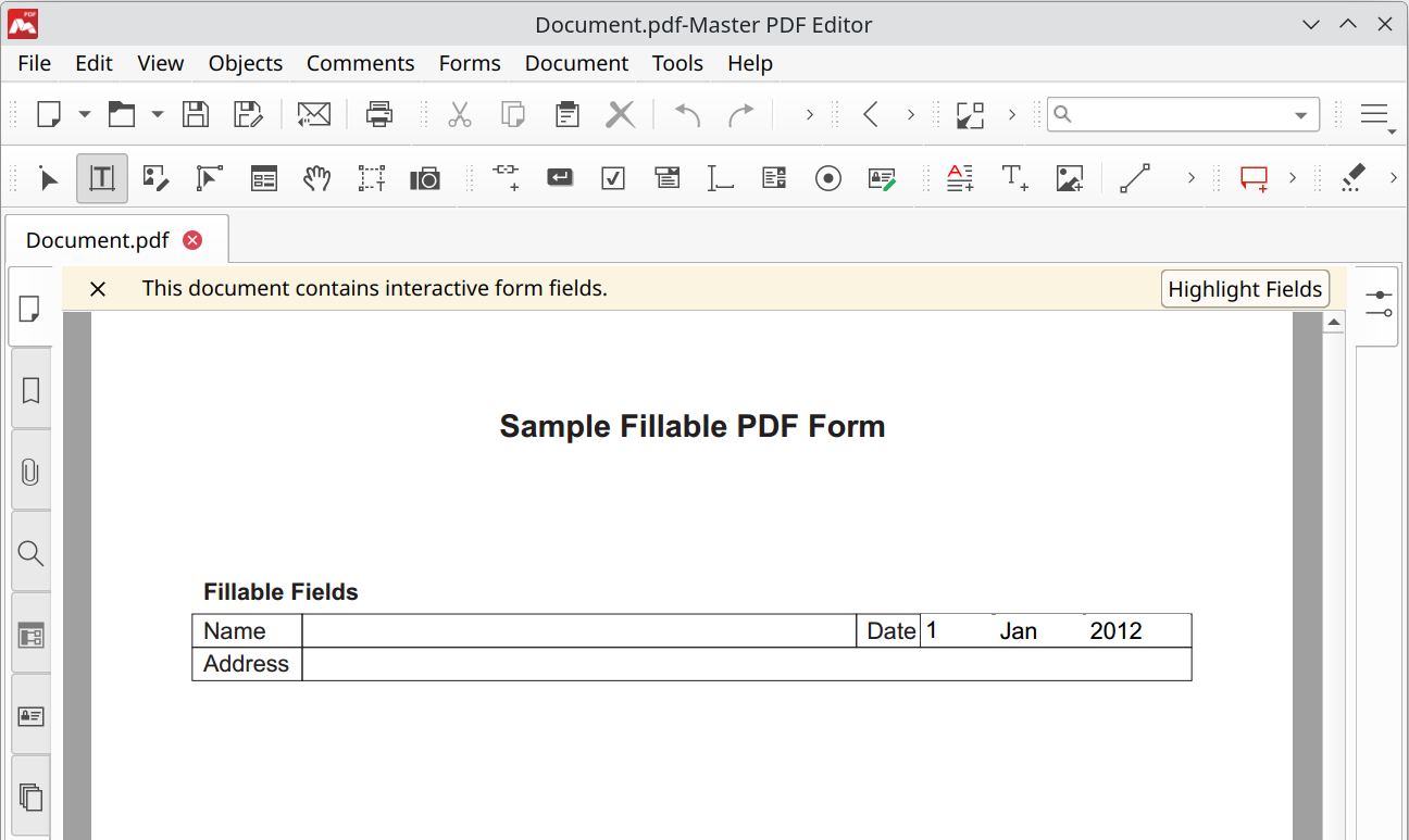 Popup message upon opening the document with forms in Master PDF Editor