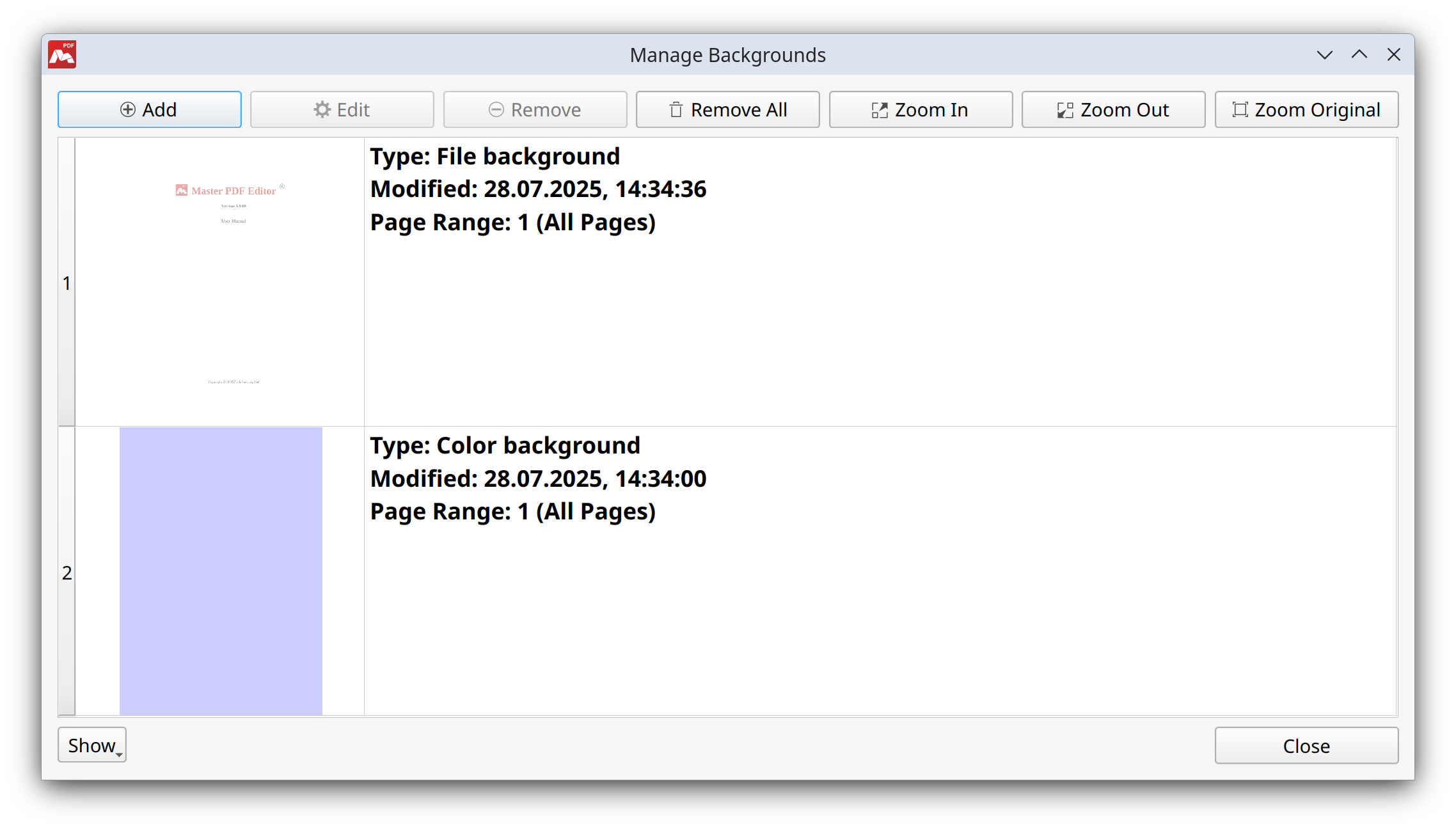 Manage Backgrounds dialog box in Master PDF Editor