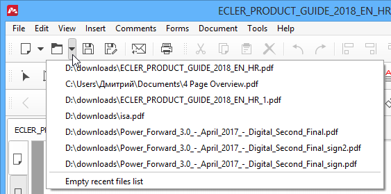 Open recent file from a toolbar in Master PDF Editor