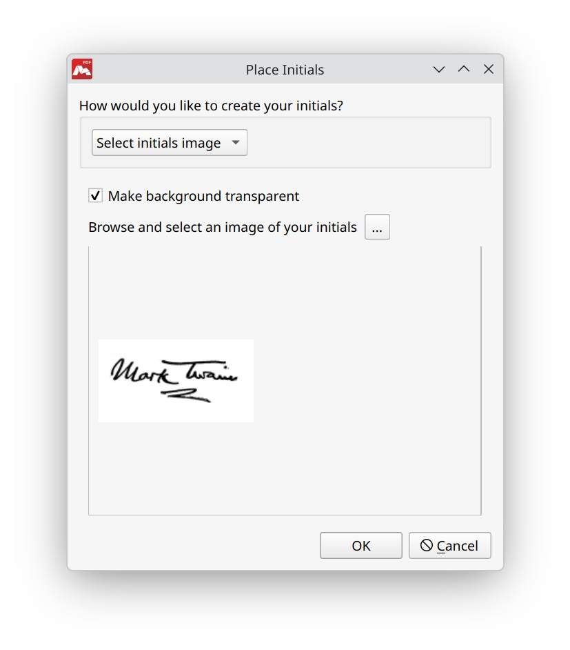 Loading initials from images in Master PDF Editor