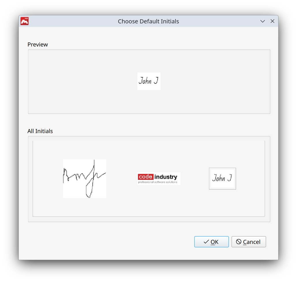 Choosing default initials in Master PDF Editor