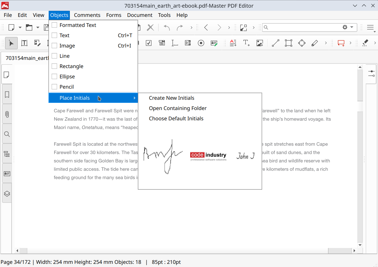 Placing initials in Master PDF Editor