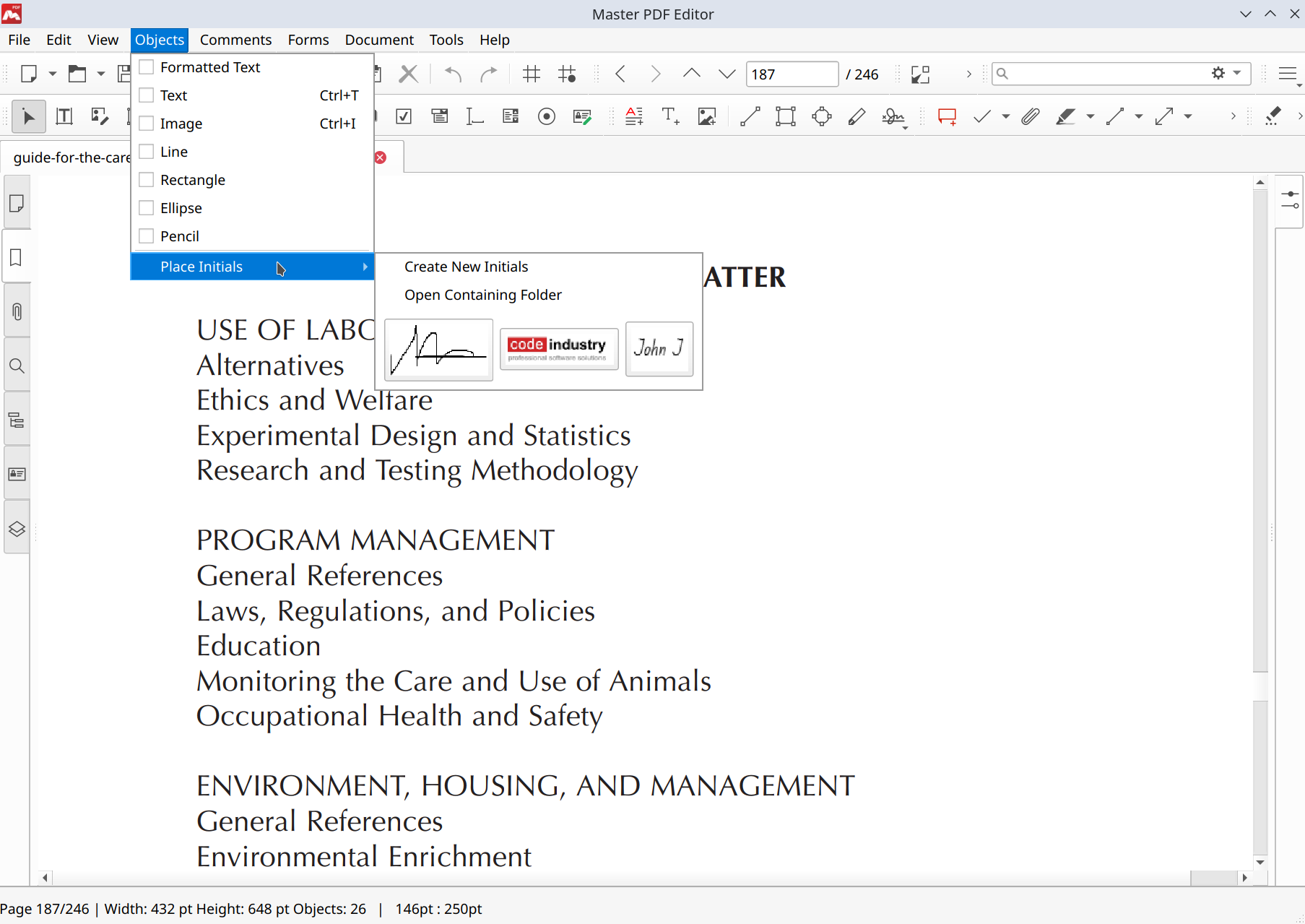 Placing initials in Master PDF Editor