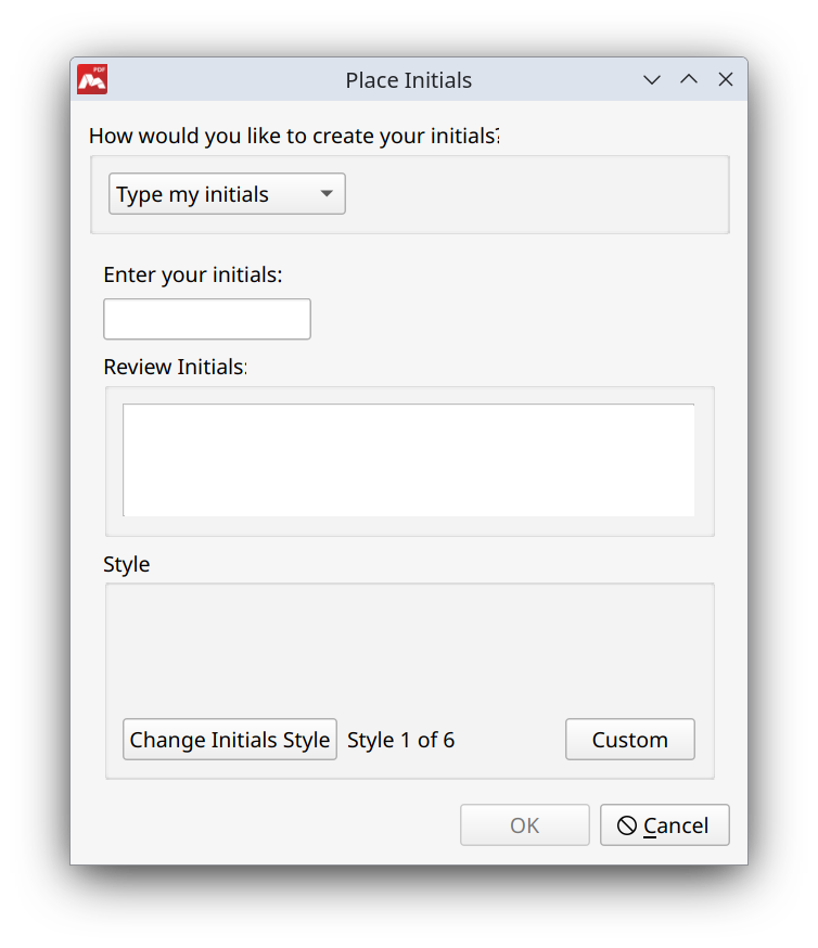 Placing initials in Master PDF Editor