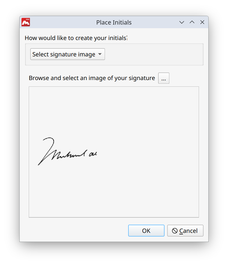 Loading initials from an image in Master PDF Editor