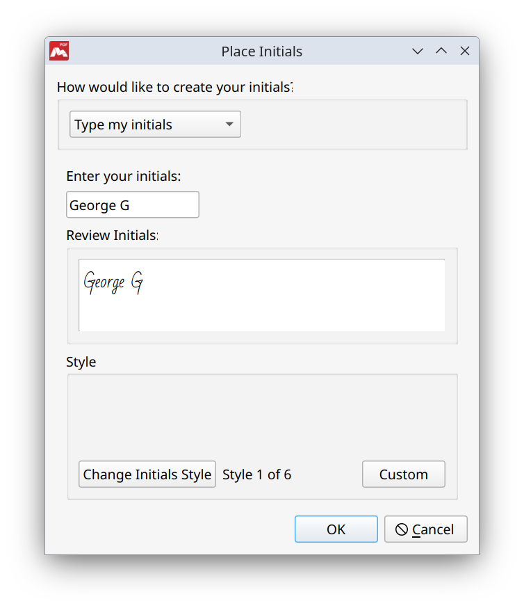 Entering initials as text in Master PDF Editor