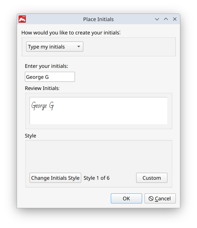Entering initials as text in Master PDF Editor