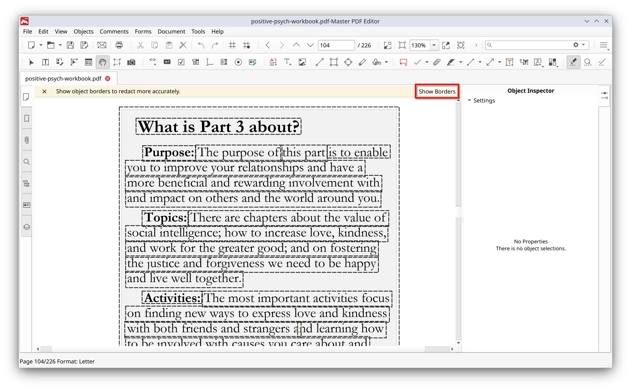 Object borders shown when redacting text in Master PDF Editor