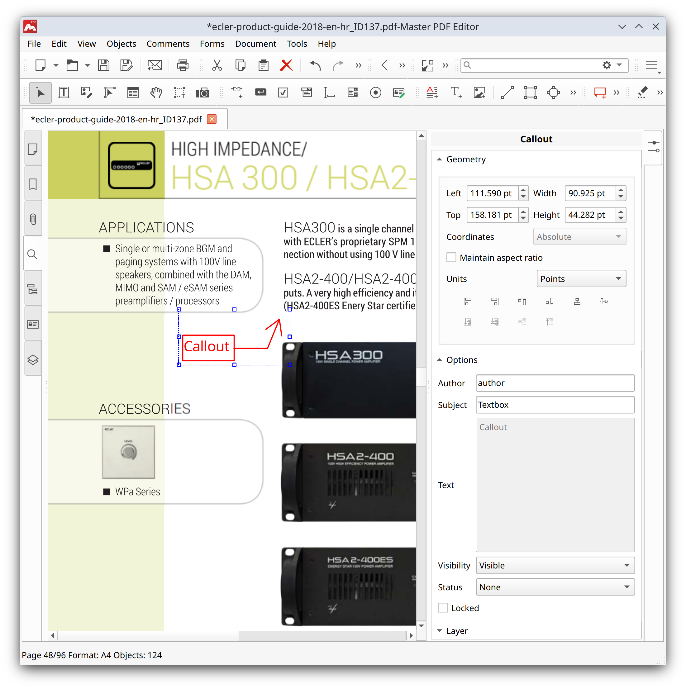 Editing callout comment in Master PDF Editor