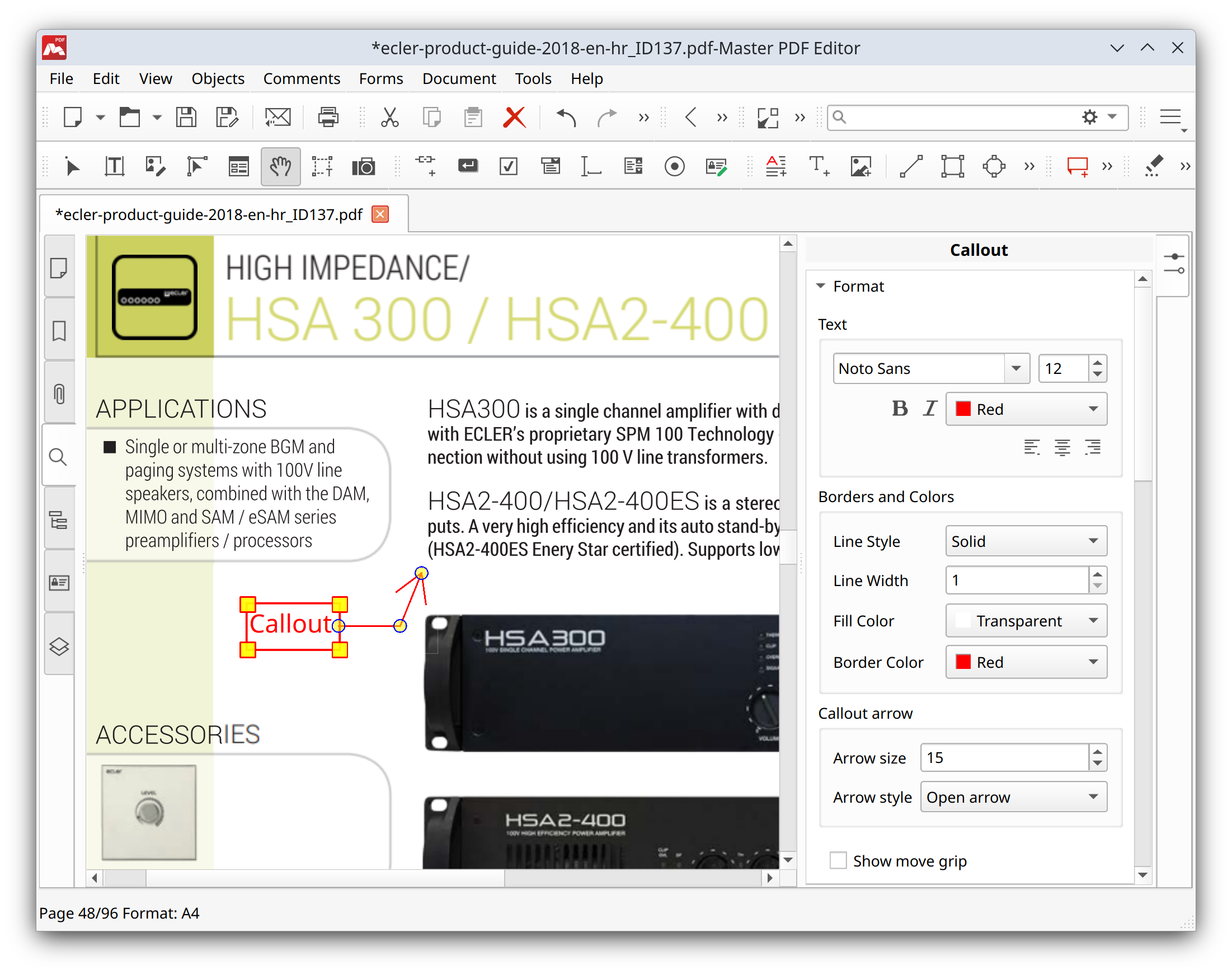 Editing Callout comment in Master PDF Editor