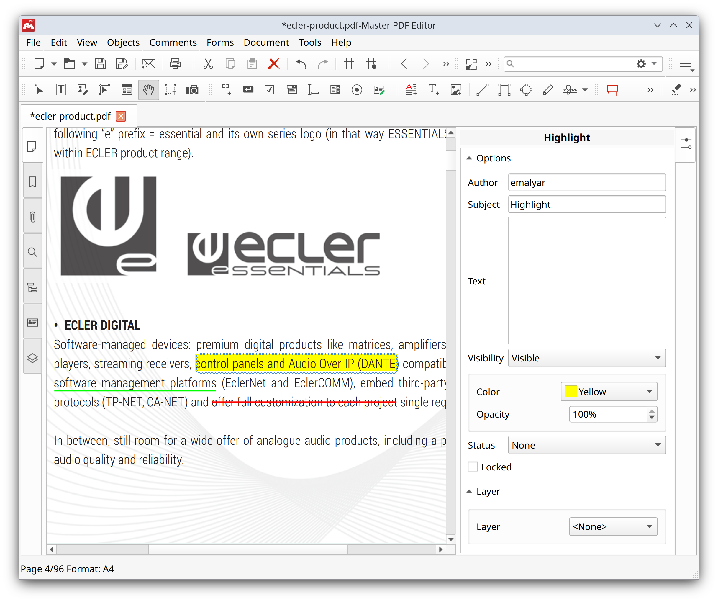 Changing properties of the highlighted text in Master PDF Editor