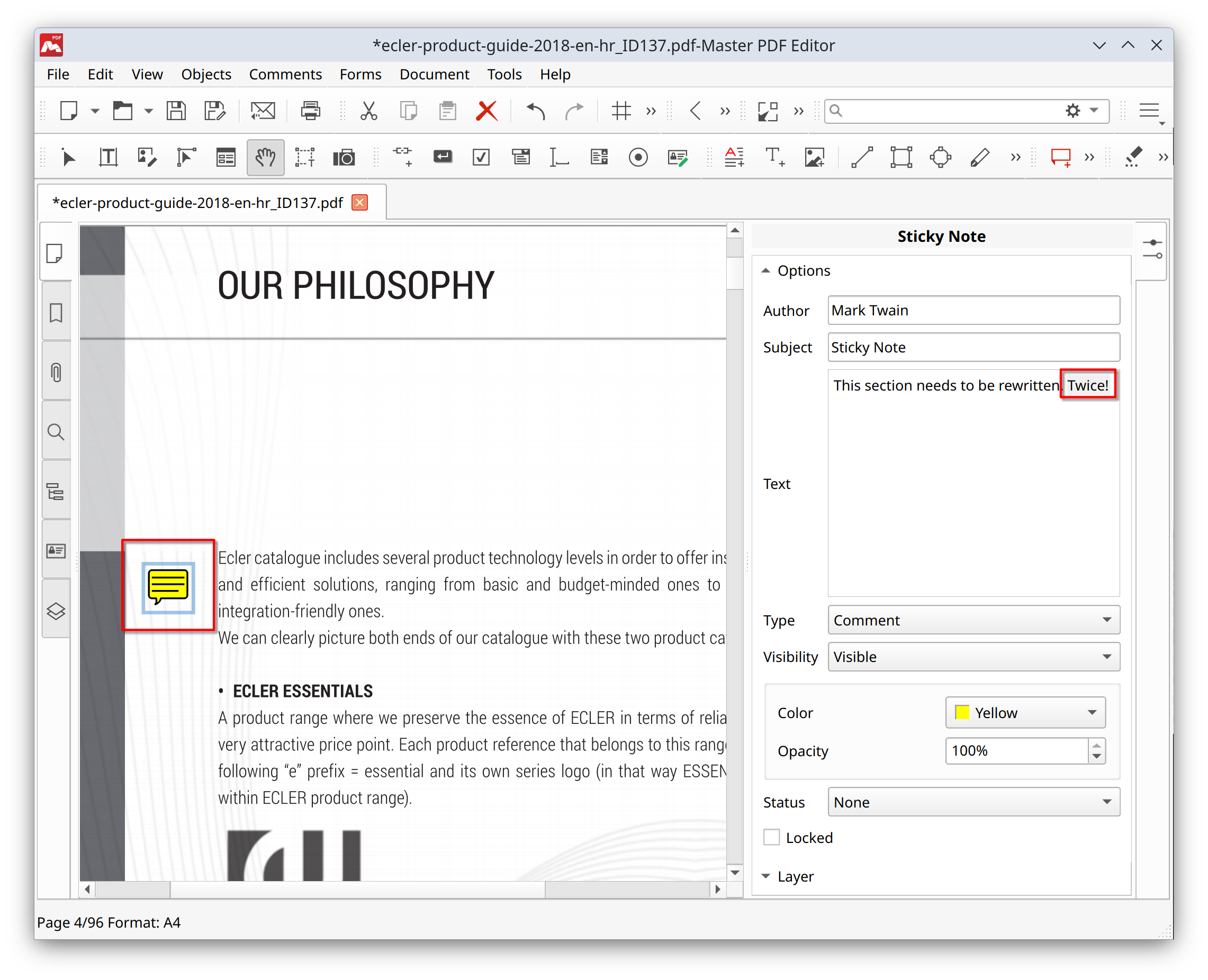 Parameters of a sticky note in Master PDF Editor