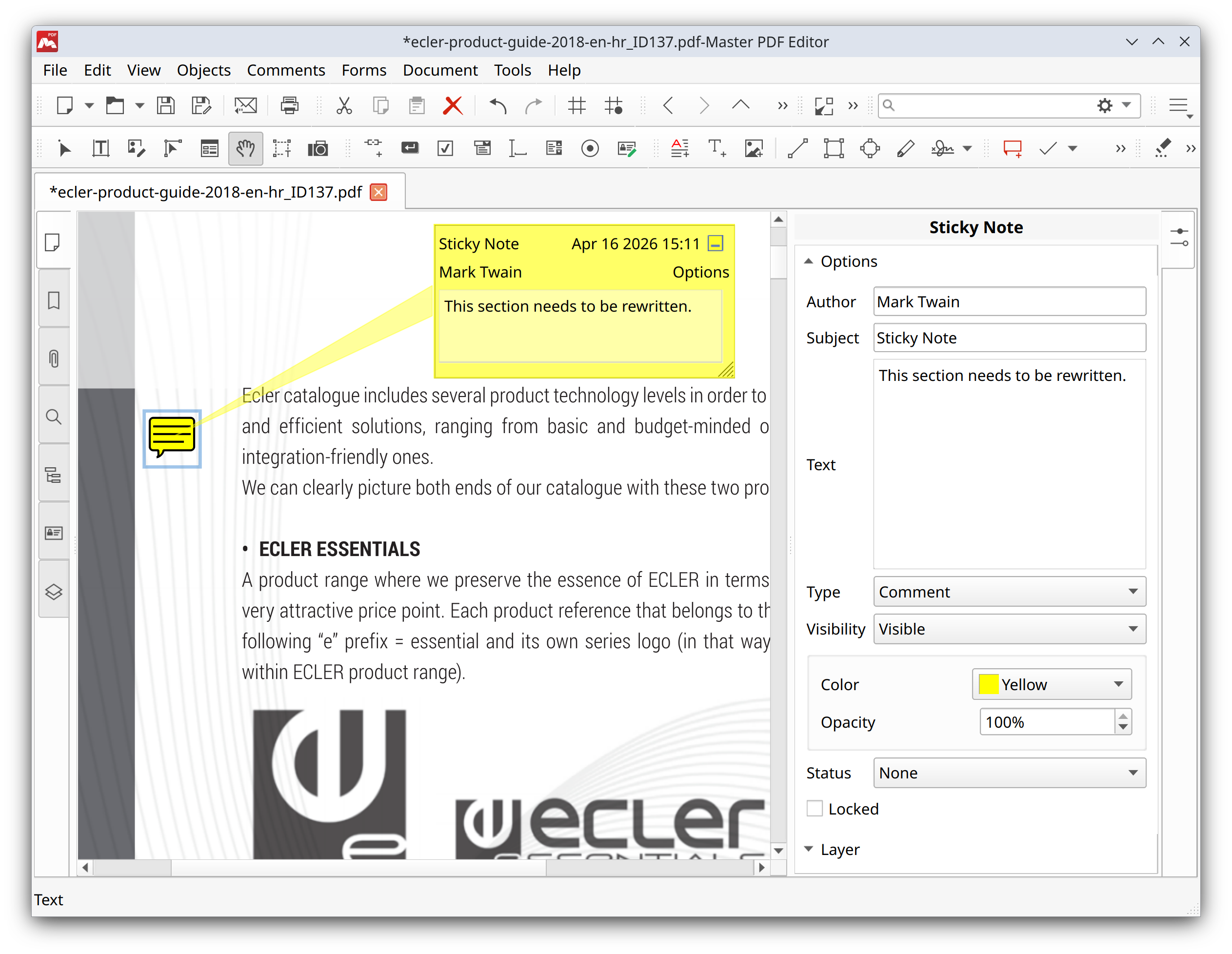 Adding a sticky note in Master PDF Editor