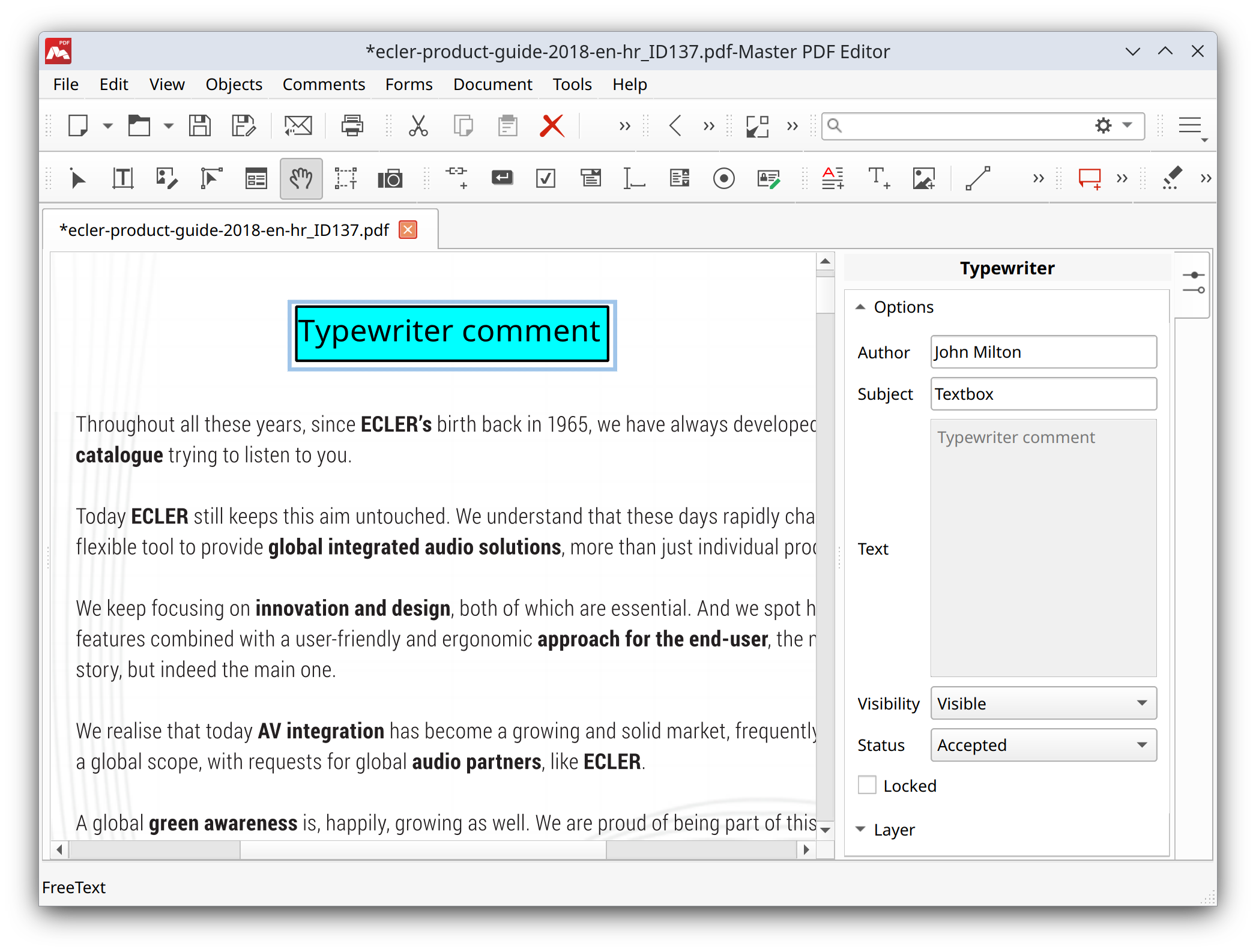 Changing parameters of typewriter comment in Master PDF Editor
