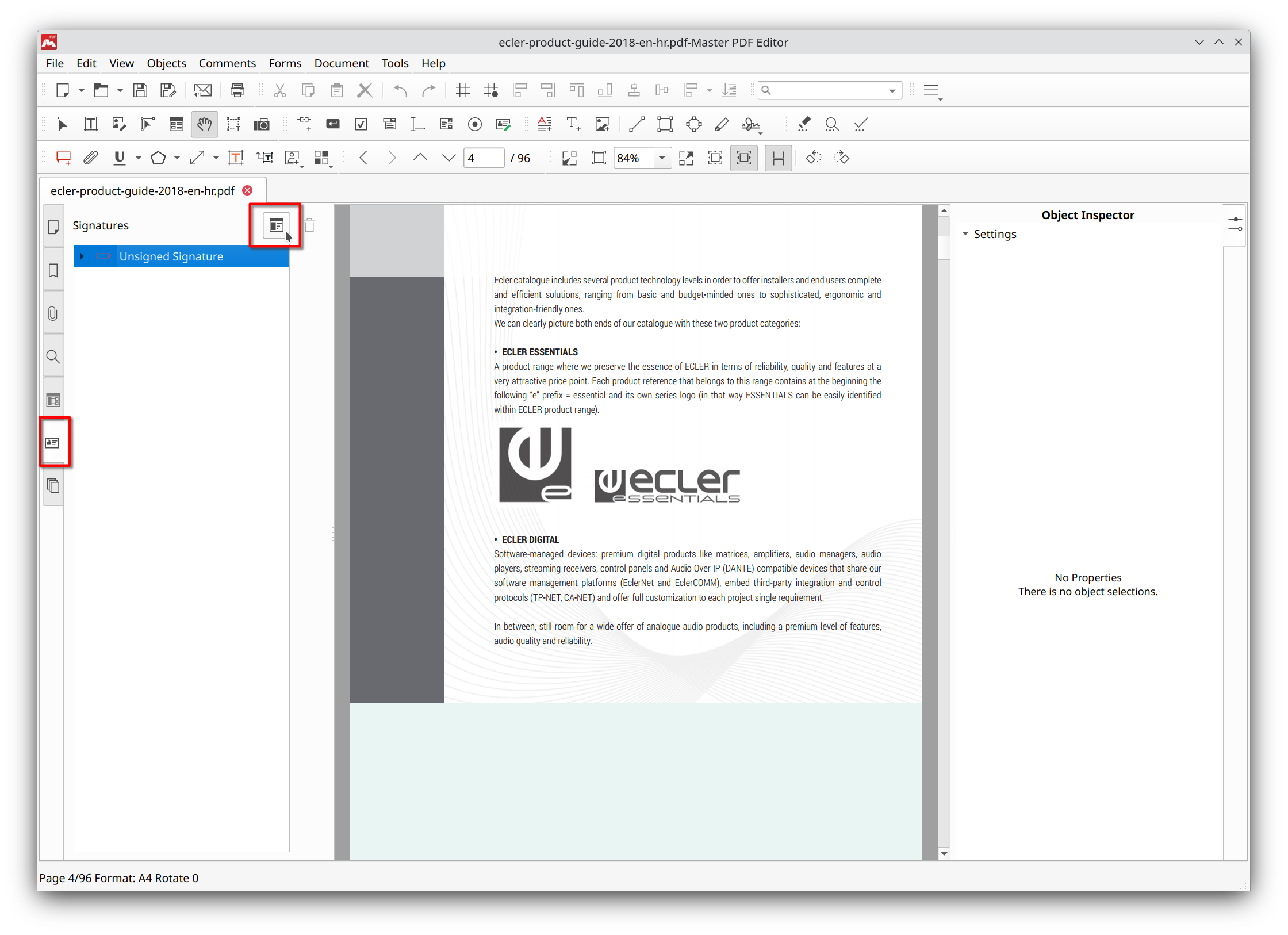 Signatures tab in Master PDF Editor