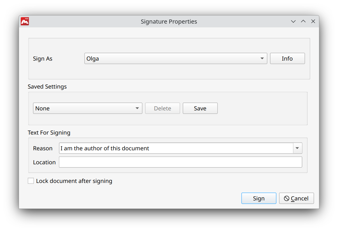 Signature Properties in Master PDF Editor