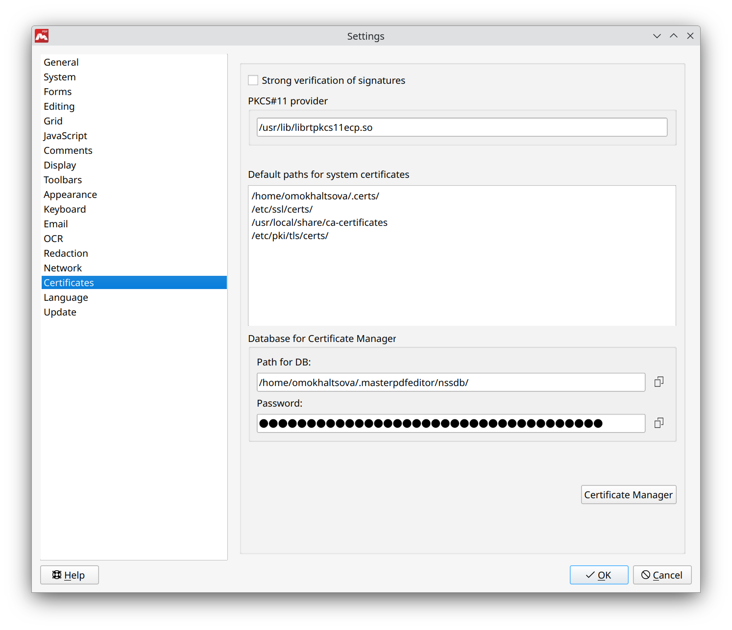 Settings for Certificates in Master PDF Editor