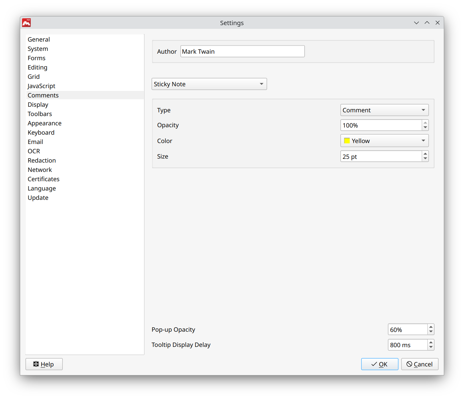 Settings for Comments in Master PDF Editor