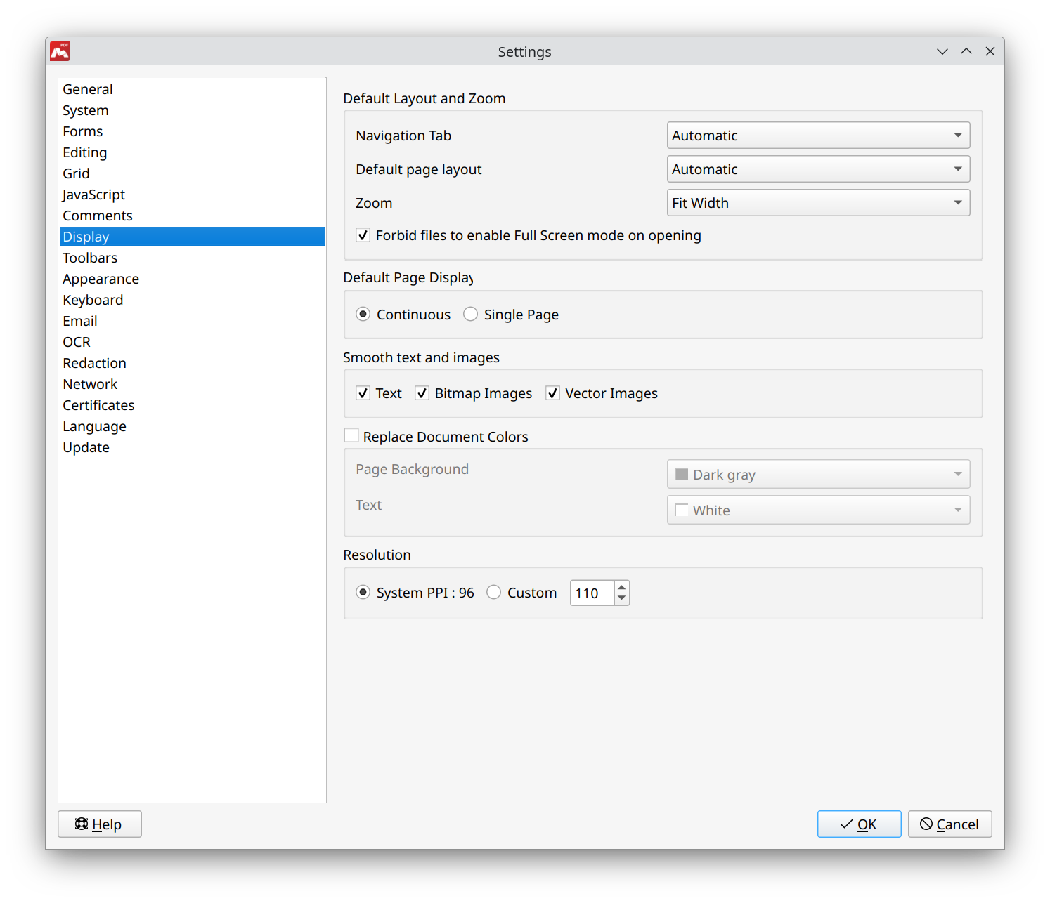 Settings for Display in Master PDF Editor