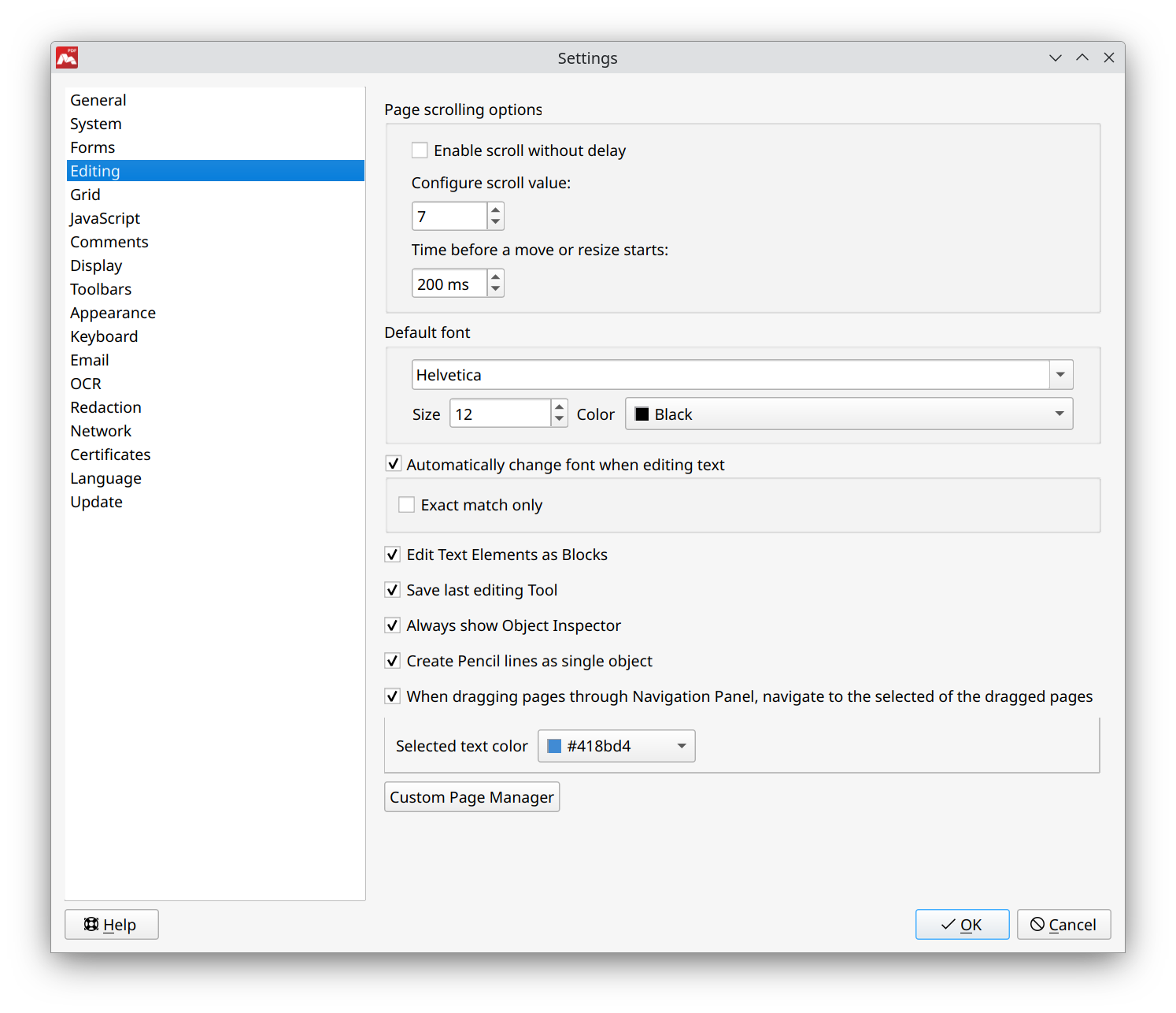 Settings for editing in Master PDF Editor