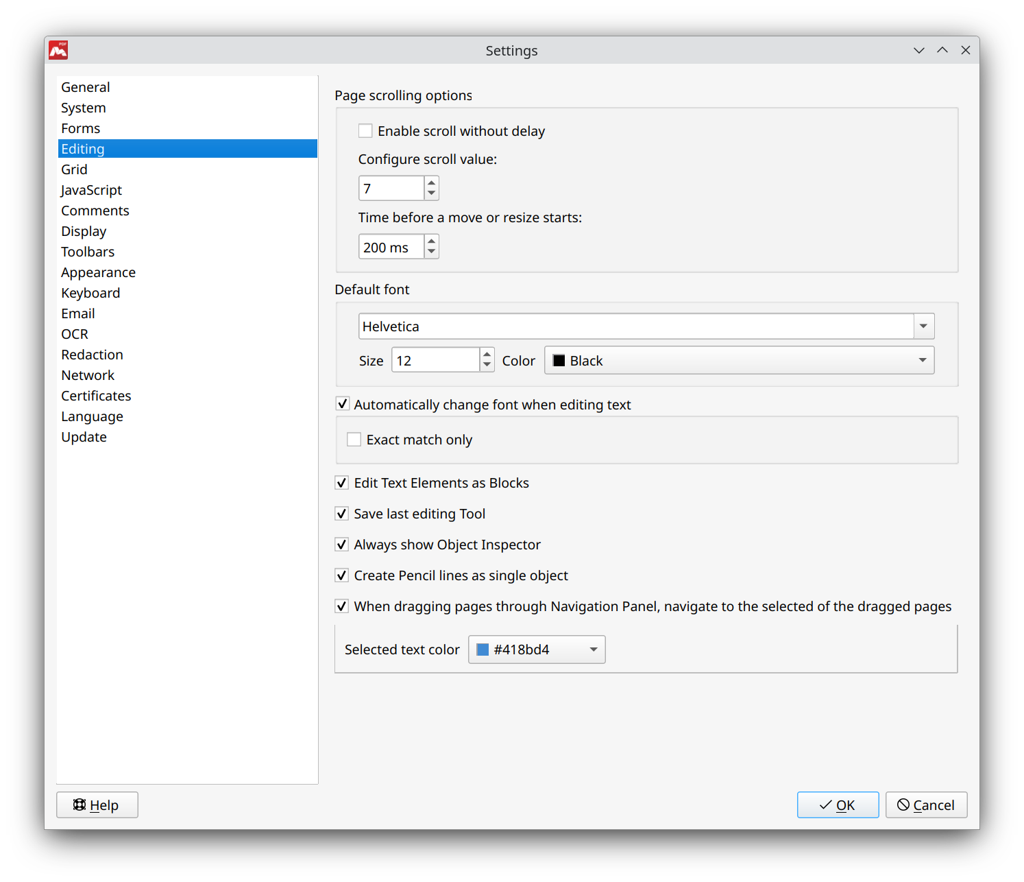 Settings for editing in Master PDF Editor