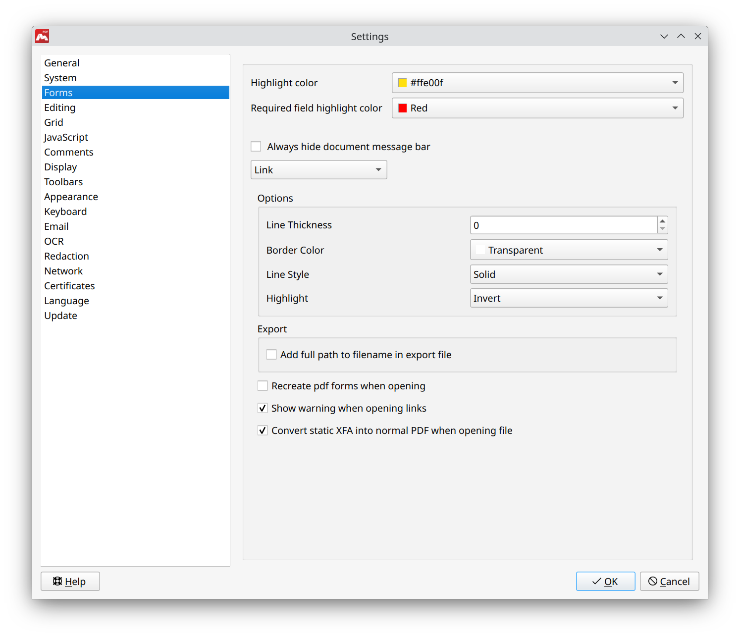 Settings for configuring forms in Master PDF Editor