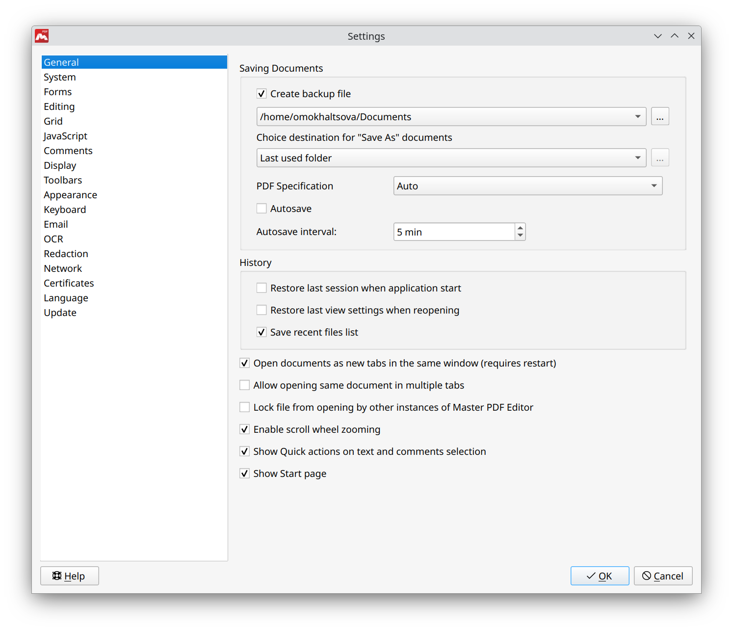 General settings of Master PDF Editor 