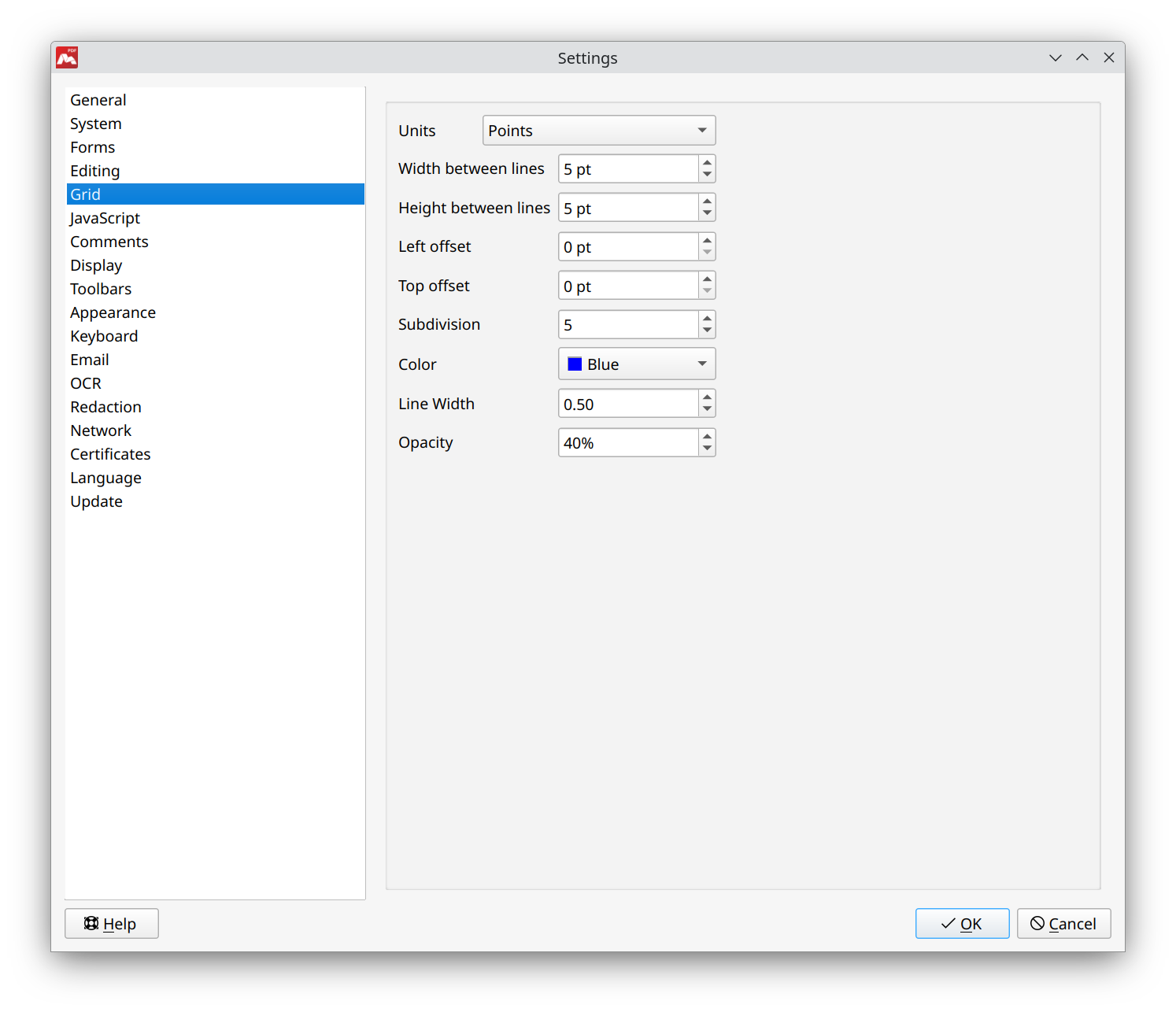 Settings for Grid in Master PDF Editor