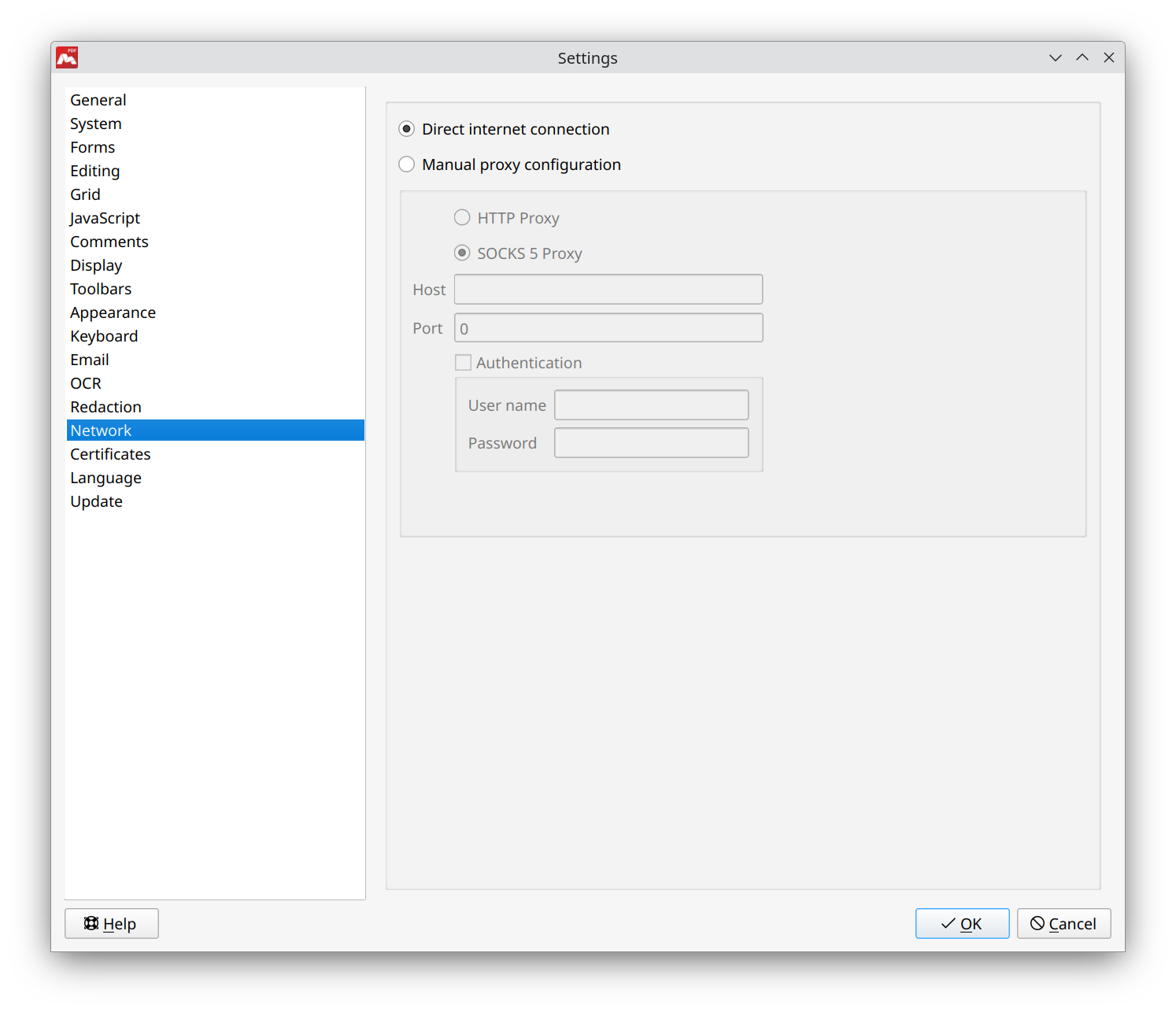 Network settings in Master PDF Editor