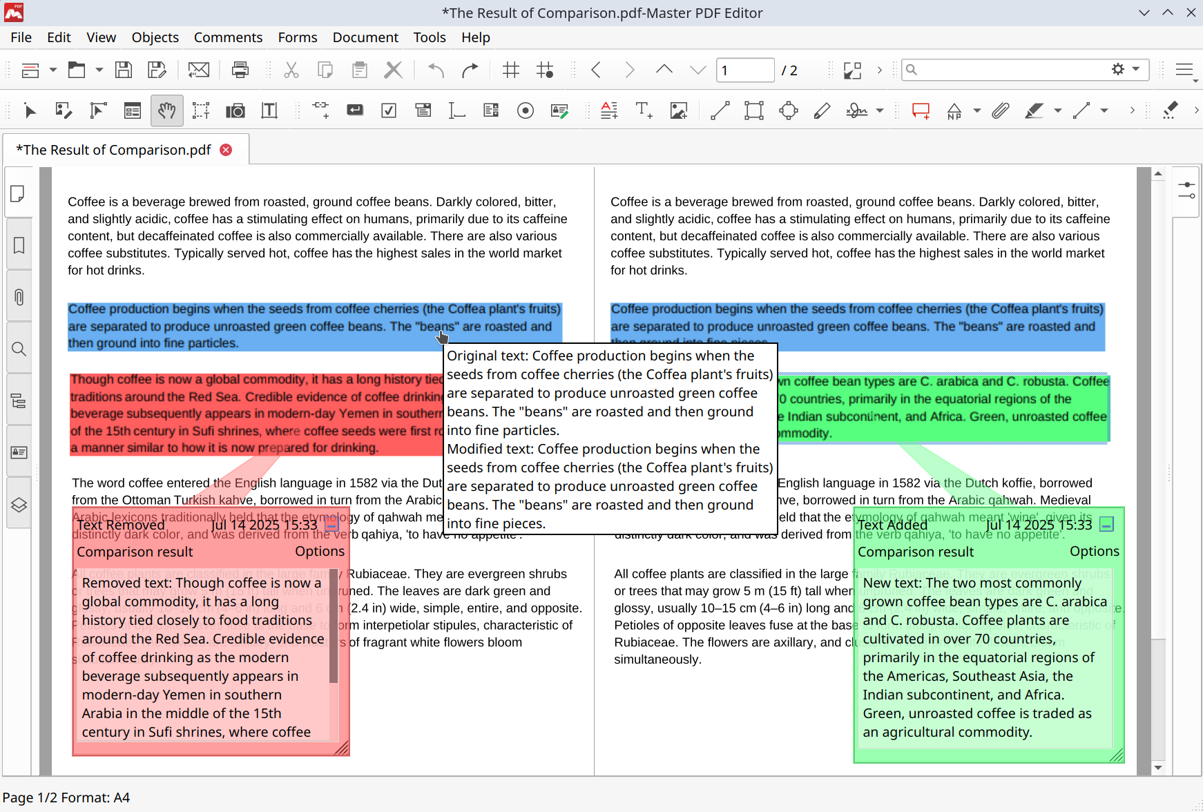 Comparison results in Master PDF Editor