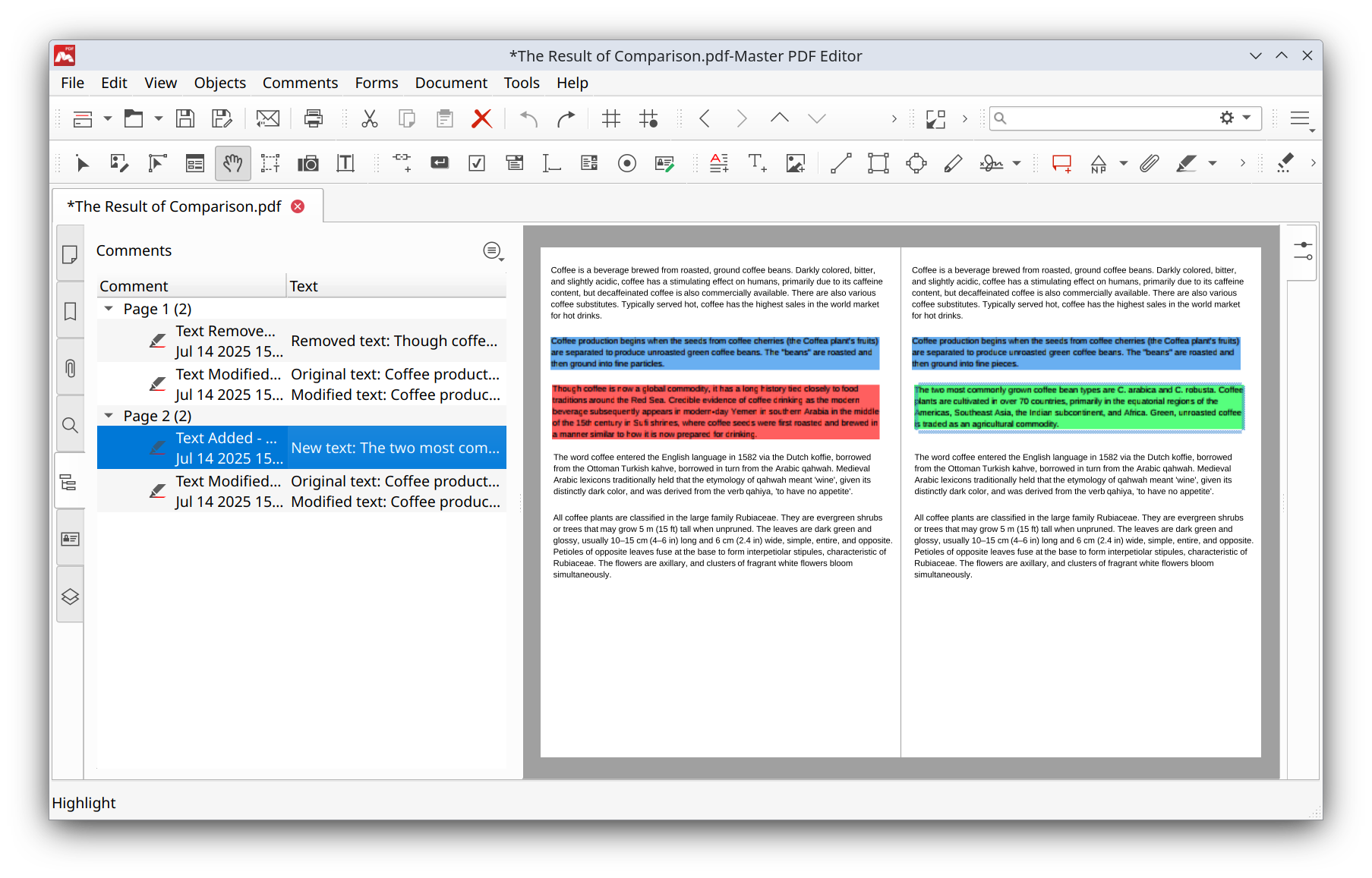 The result of comparison in Master PDF Editor