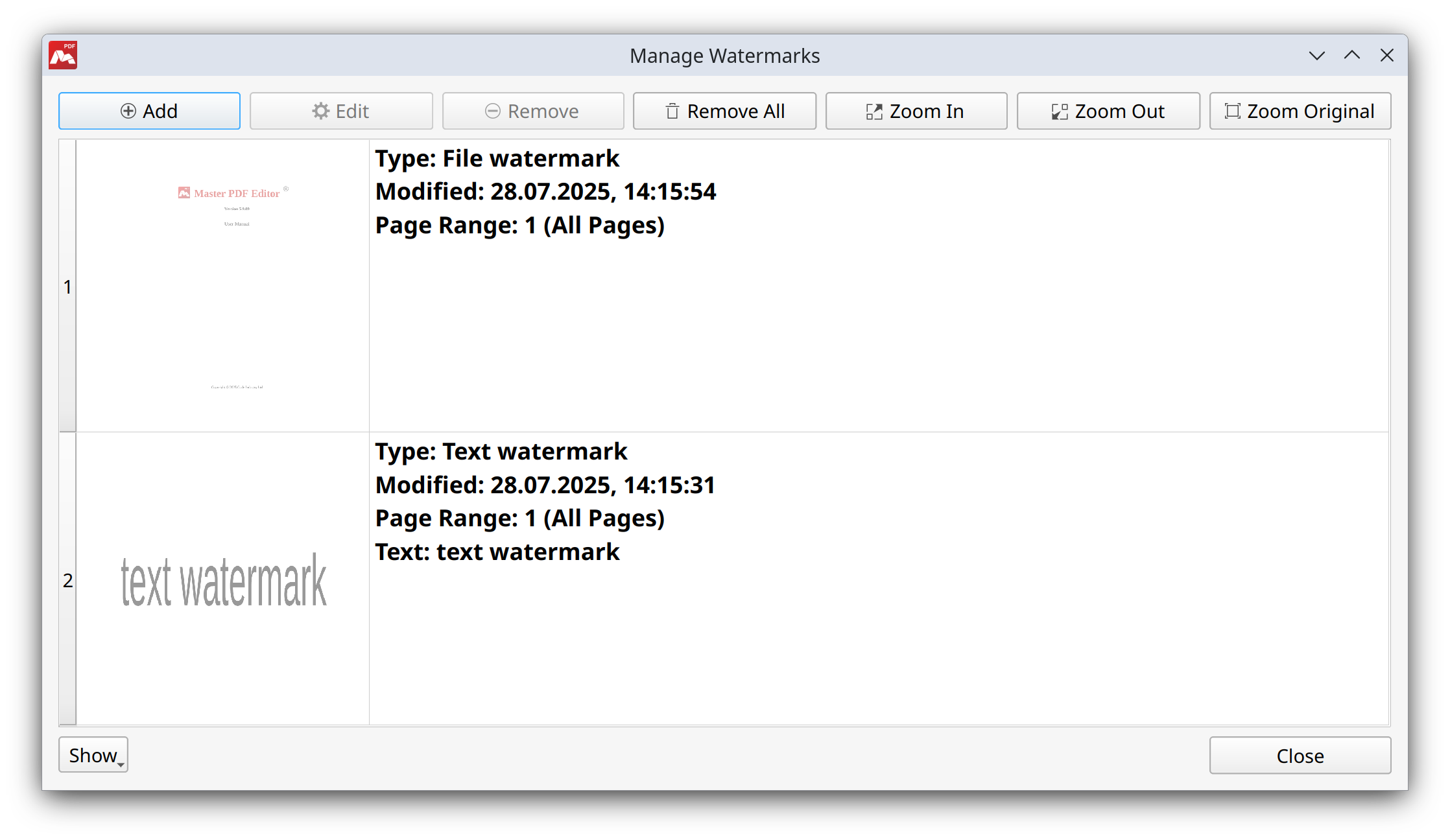 manage watermarks window