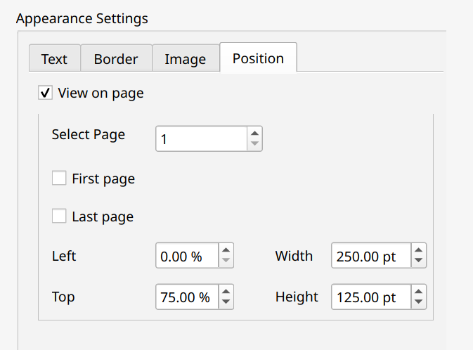 Position tab for configuring signature position settings