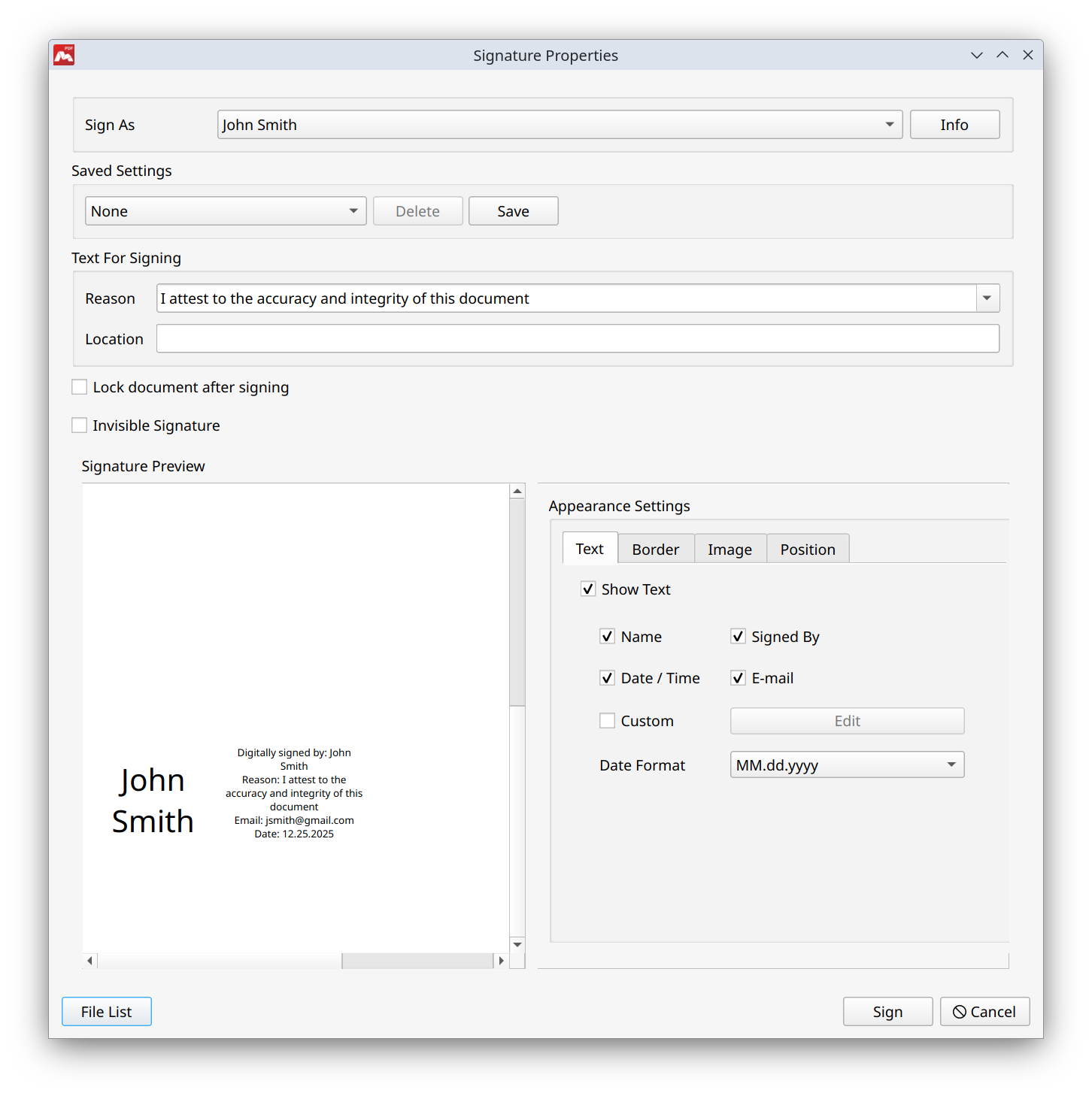 Signature Properties window for configuring all digital signature parameters
