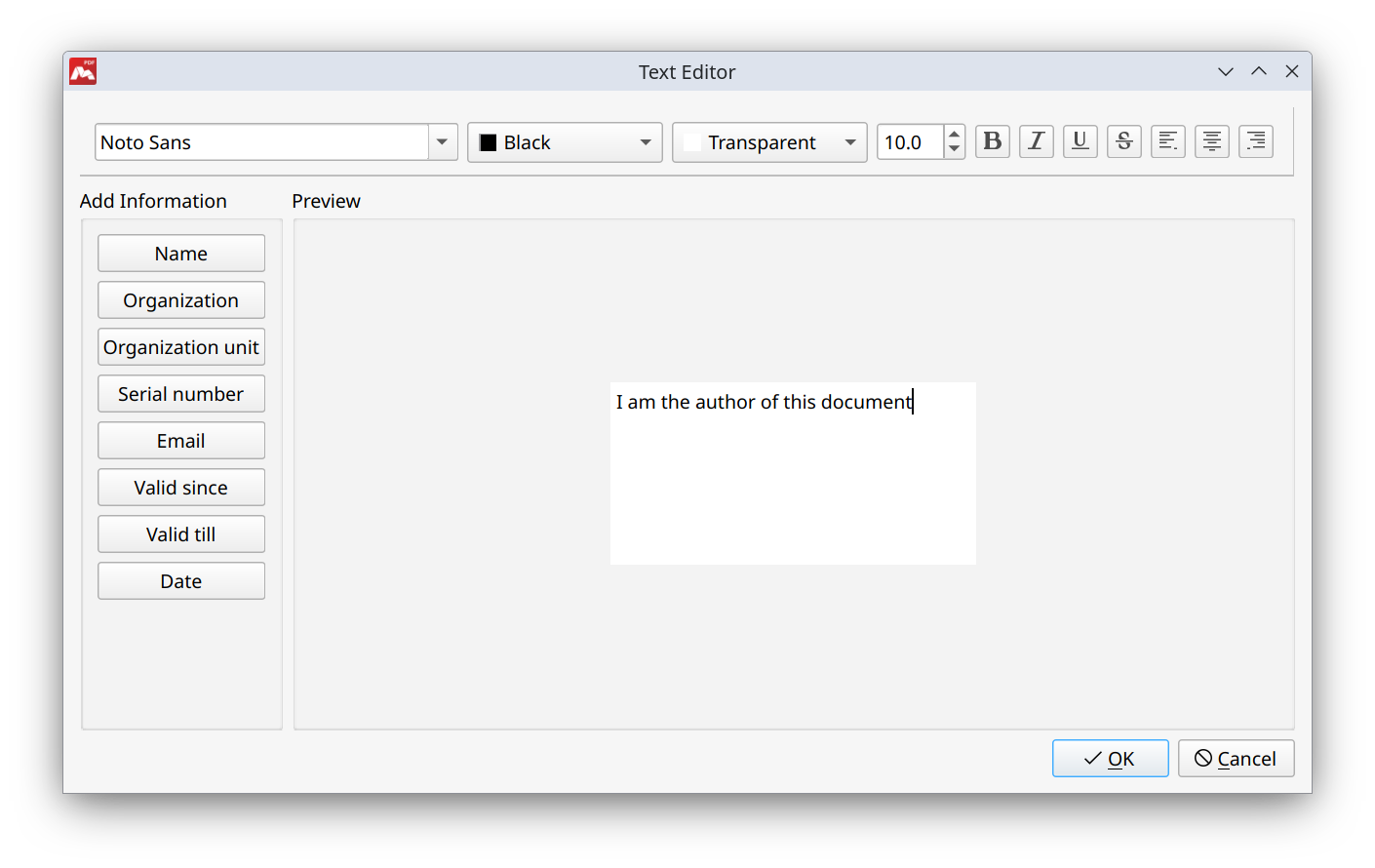Text Editor window for creating a custom signature text