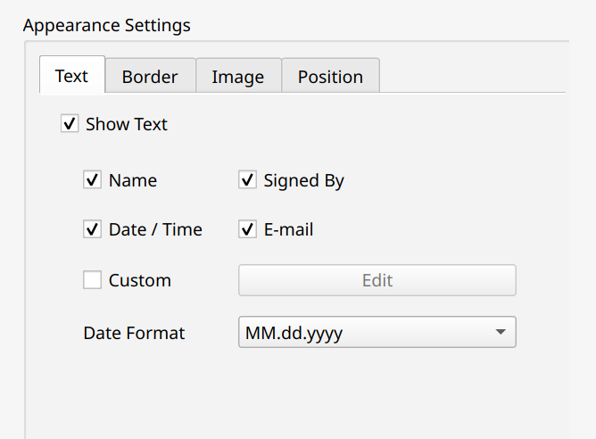 Text tab for configuring signature text settings