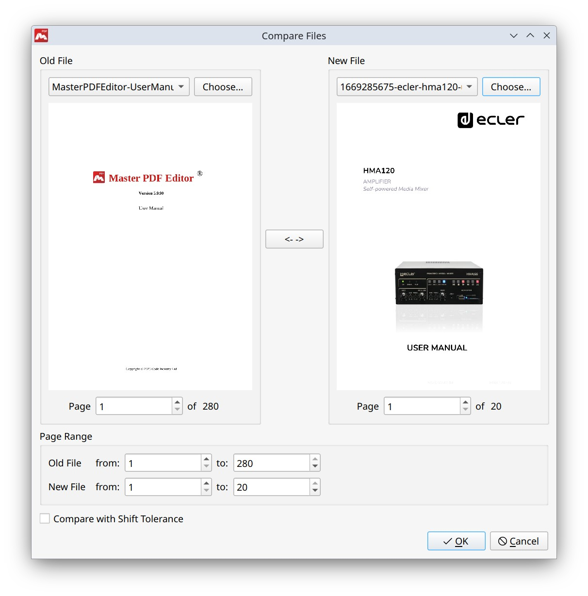 Compare Files dialog window in Master PDF Editor