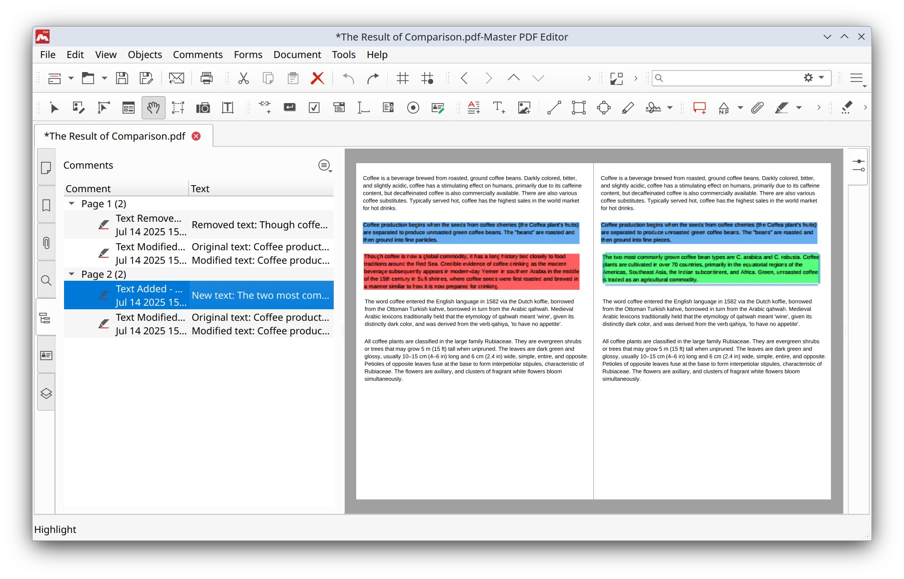 Comparison results in Master PDF Editor