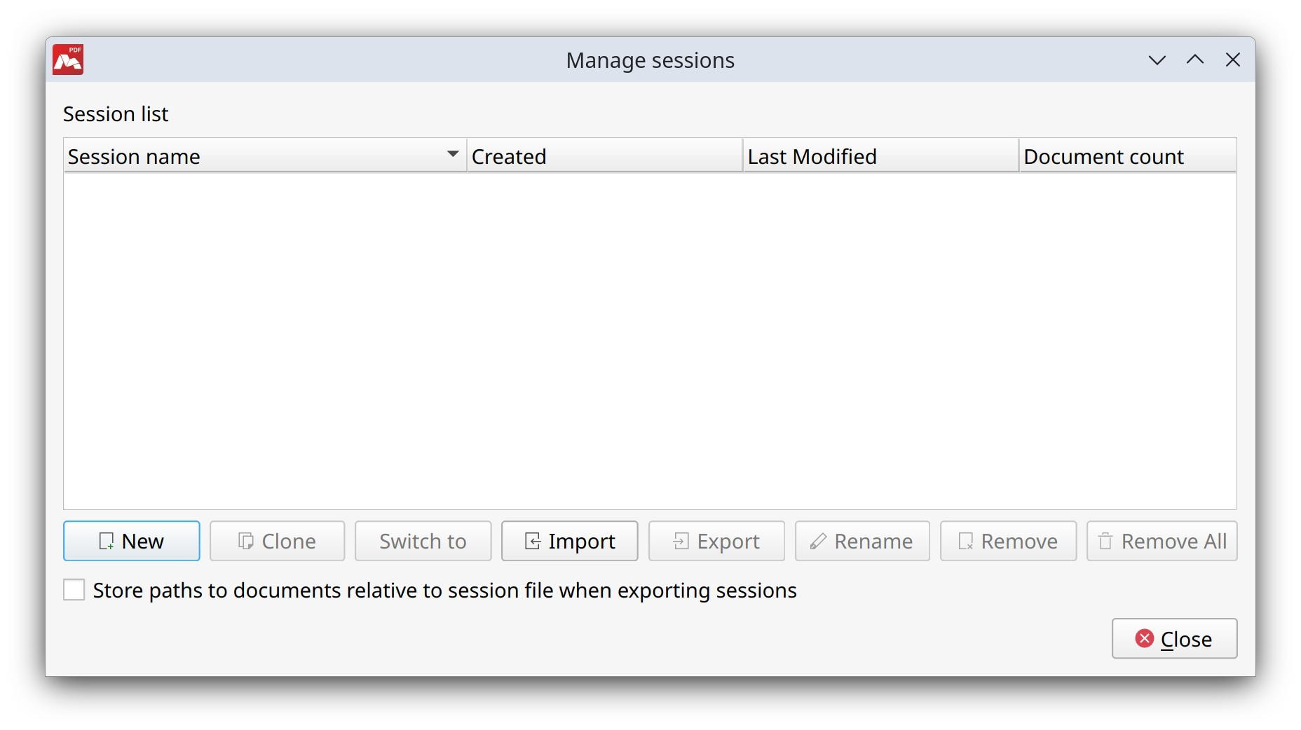Session management dialog in Master PDF Editor