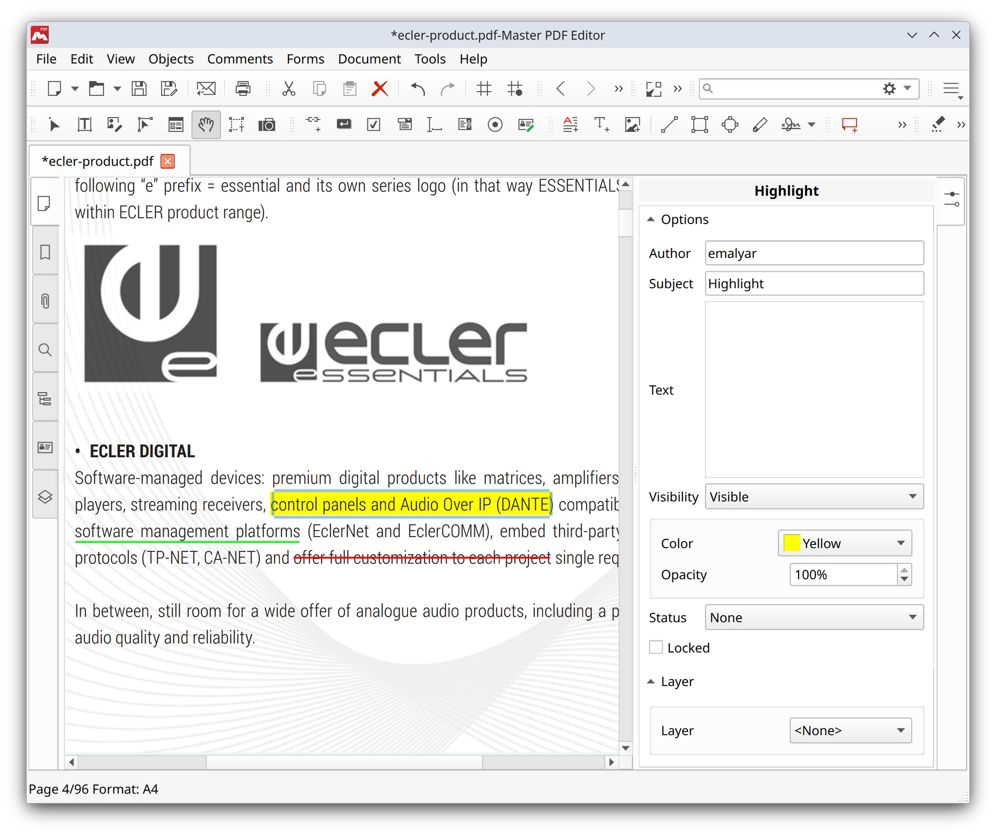 Change parameters of the highlighted text