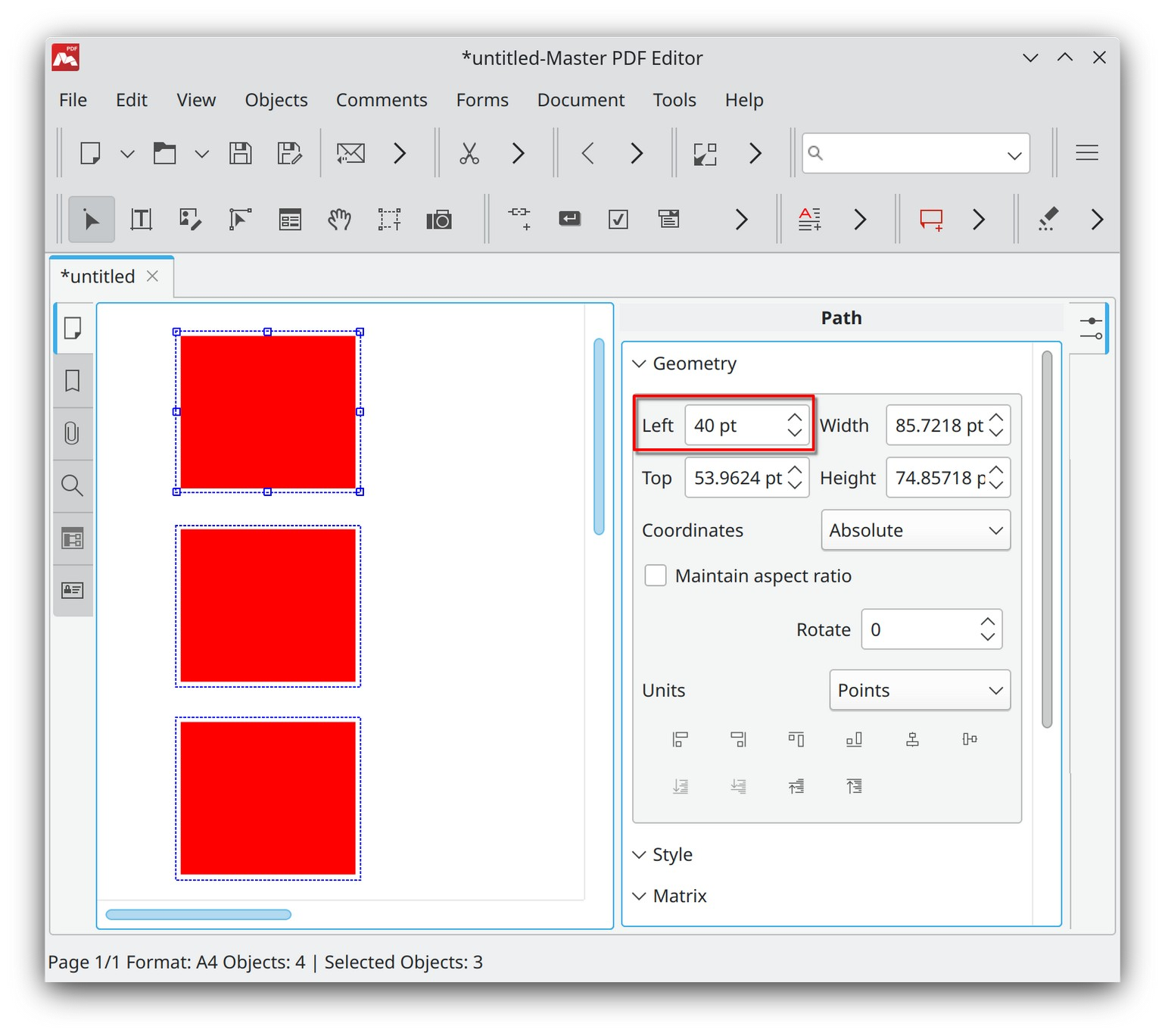 Align objects with Object Inspector in Master PDF Editor